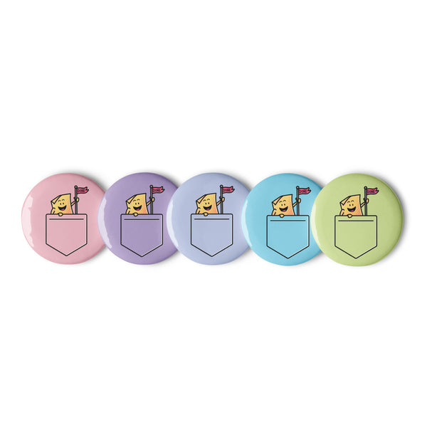 The Thing (Pocket): Set of 5 Pin Buttons — pin buttons flat lay, Anti-Planner designs by Dani Donovan