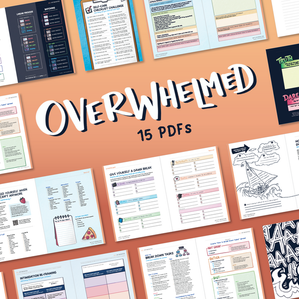 Anti-Planner Overwhelmed PDF bundle showcasing 15 ADHD-friendly strategies to combat procrastination and executive dysfunction
